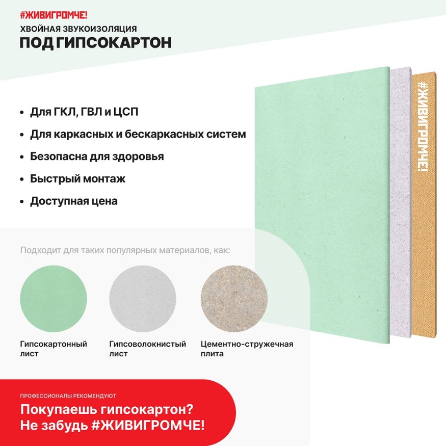 Хвойная звукоизоляция под гипсокартон #ЖИВИГРОМЧЕ! 800х600х12 мм (3,84м2) купить в Тест